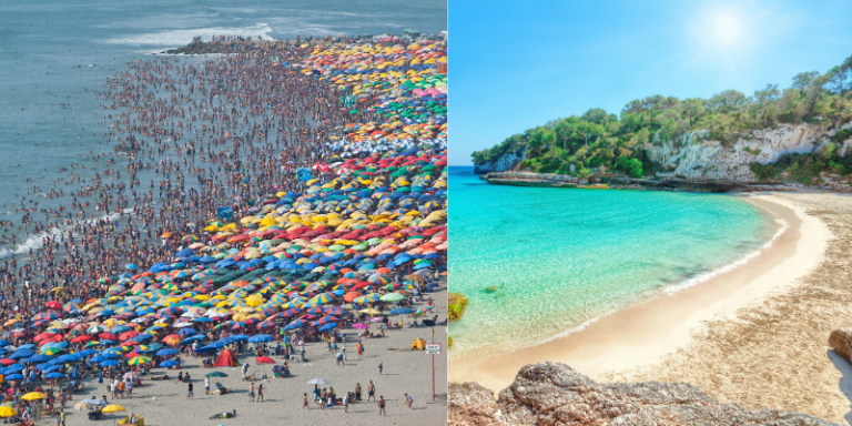 &Uuml;berf&uuml;llter Strand vs leere Bucht